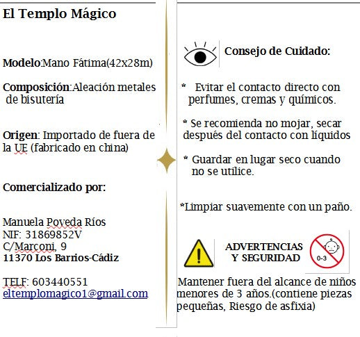 Mano de Fátima dedos hacia abajo (42 x 28 mm.)
