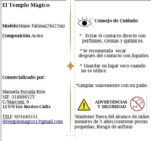 Mano Fátima Acero (28 x 22 mm.) hacia abajo . Incluye collar de cordón