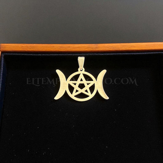 Triple Luna Diosa Wicca con Pentagrama Acero 25 x 32 mm. (Incluye collar cordón)