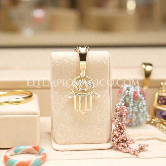 Mano Fátima Acero (28 x 22 mm.) hacia abajo . Incluye collar de cordón