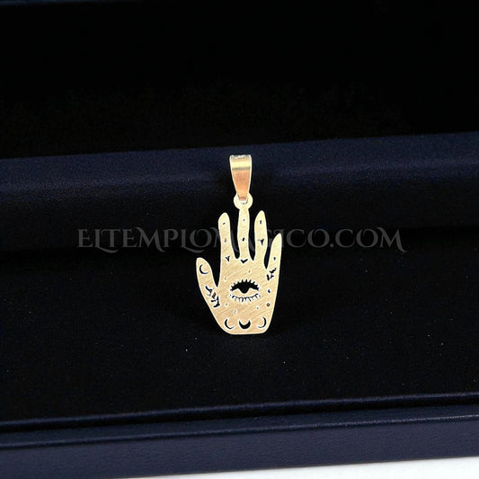 Mano de Fátima hacia arriba 32 x 12 mm. Acero , Incluye Collar cordón
