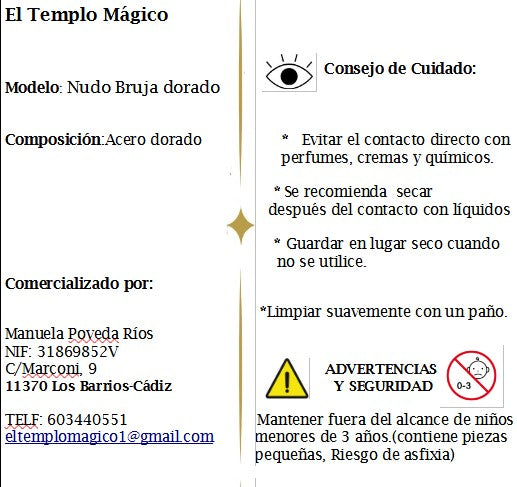 Nudo Bruja Dorado  28 mm. Acero. Incluye collar de cordón