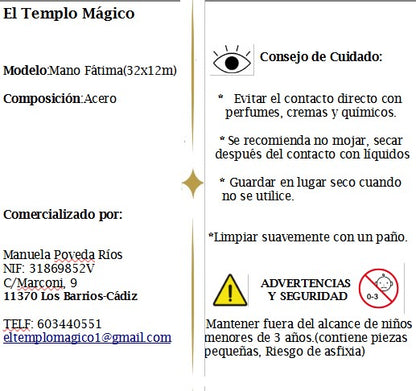 Mano de Fátima dedos hacia arriba 32 x 12 mm. Acero.