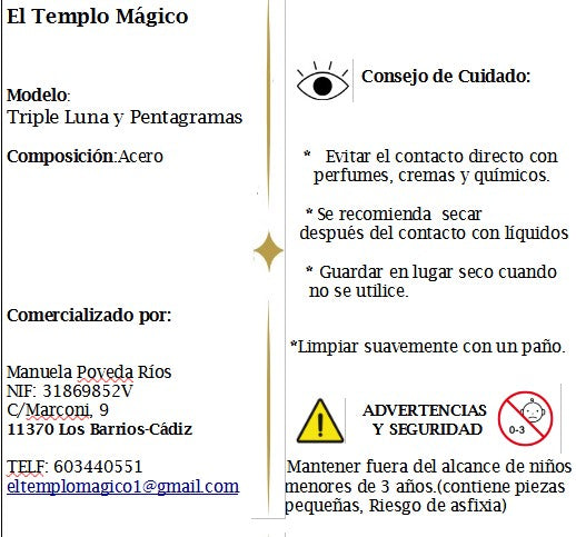Triple Luna Diosa Wicca con Pentagrama Acero 25 x 32 mm. (Incluye collar cordón)